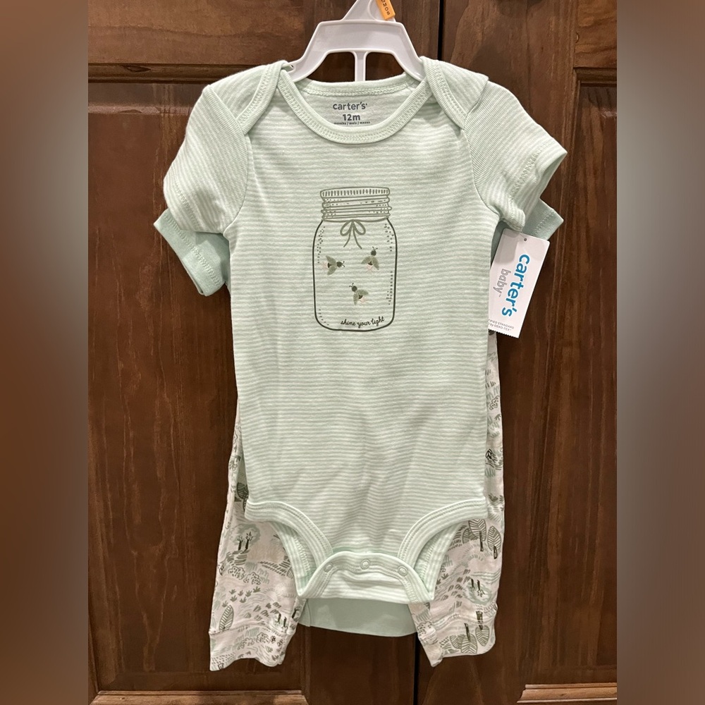 Carter’s Unisex Infant Green Stripe 3 Piece Summer Outfit Set, 12 months NWT